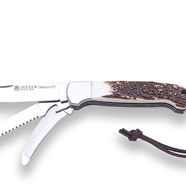 multifunction knife canguro iv stainless steel blade saw and skinner stag horn scales stainless bolster