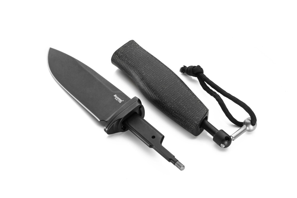 Lionsteel noz ACHA M390 black blade black burlap micarta rukohvat rastavljen