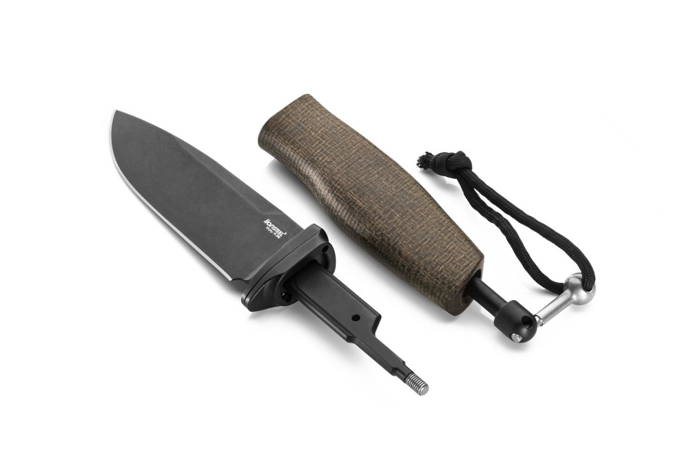 Lionsteel noz ACHA M390 black blade green burlap micarta rukohvat rastavljen