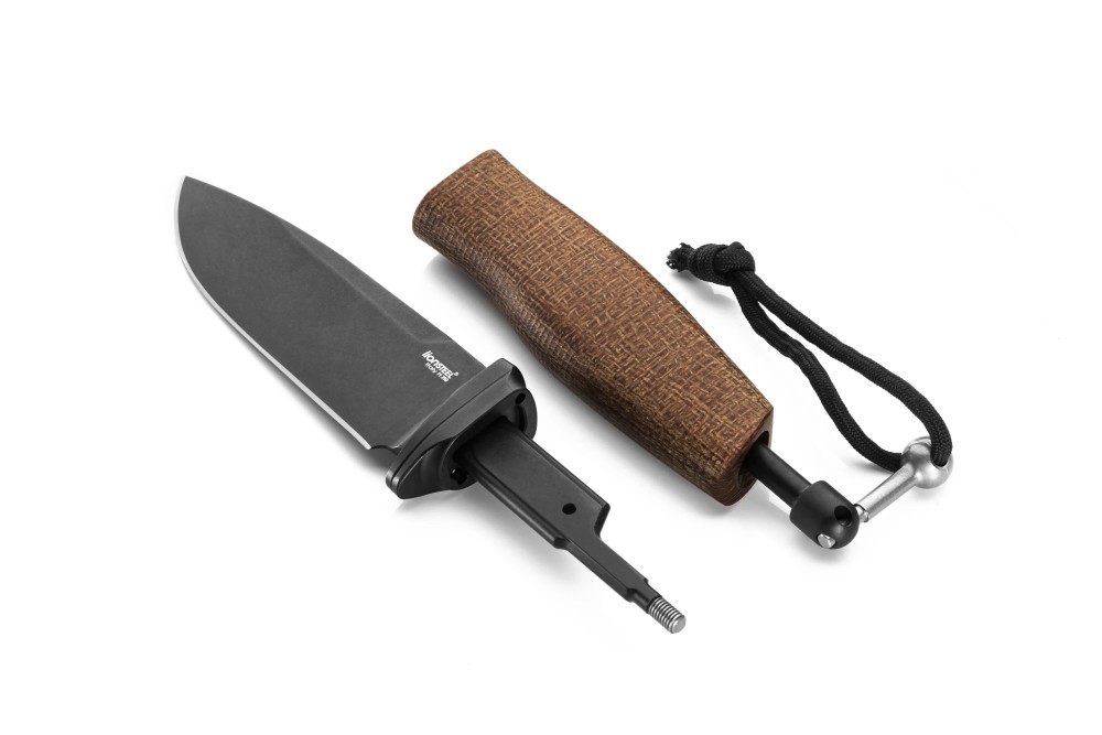 Lionsteel noz ACHA M390 black blade natural burlap micarta rukohvat rastavljen