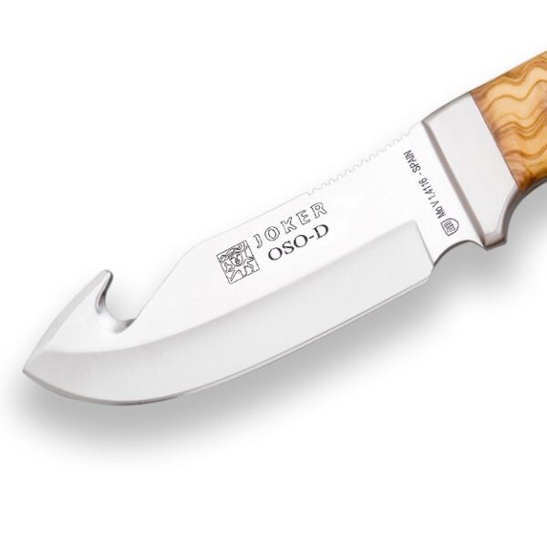 joker co55 lovacki noz olive wood handle gut hook 12 cm stainless steel fixed blade joker oso skinning knife leather sheath